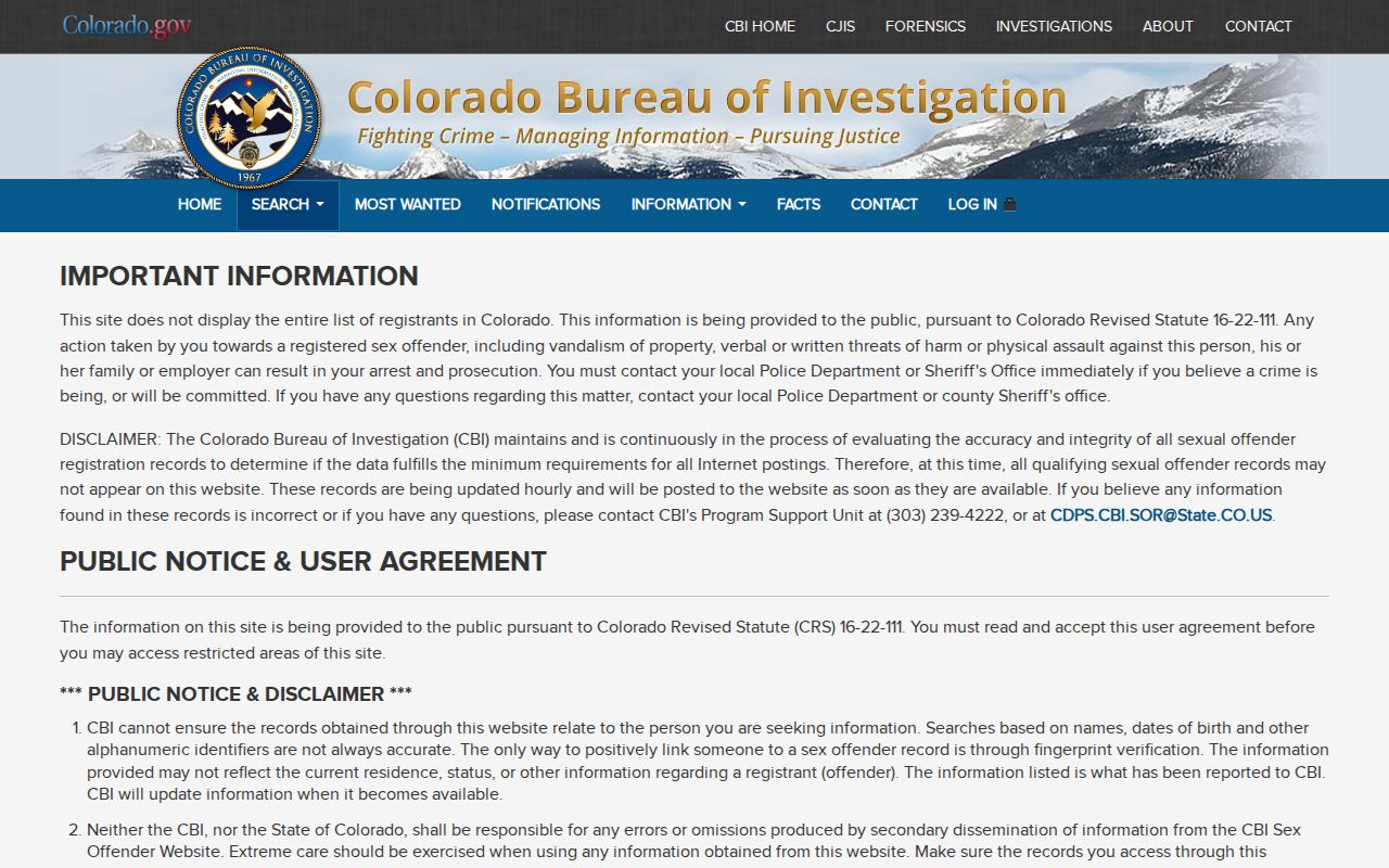 Rio Grande County arrest records CBI sex offender registry