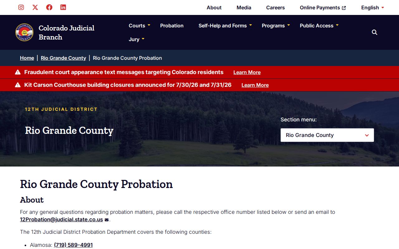 Rio Grande County court dockets probation courthouse contact