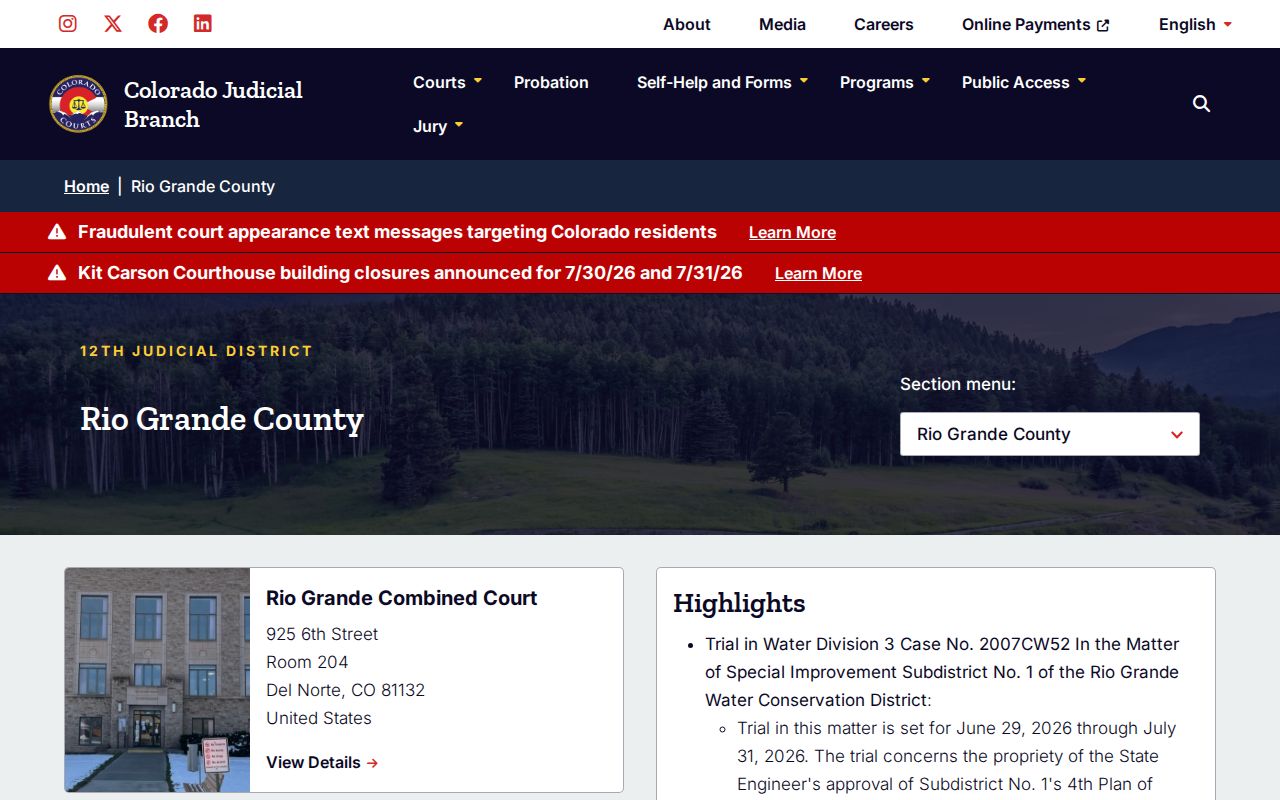 Rio Grande County court records page from Colorado Judicial Branch