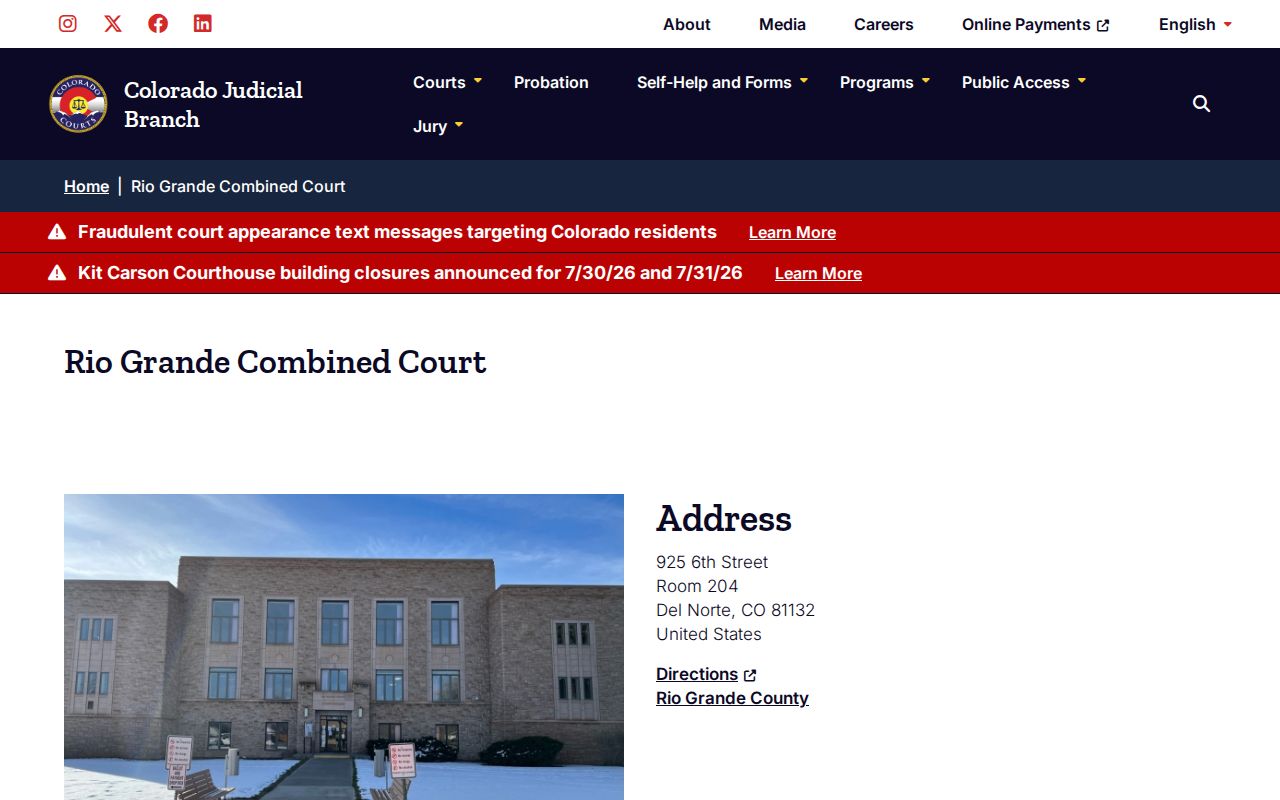 Rio Grande County court records location page for Rio Grande Combined Court