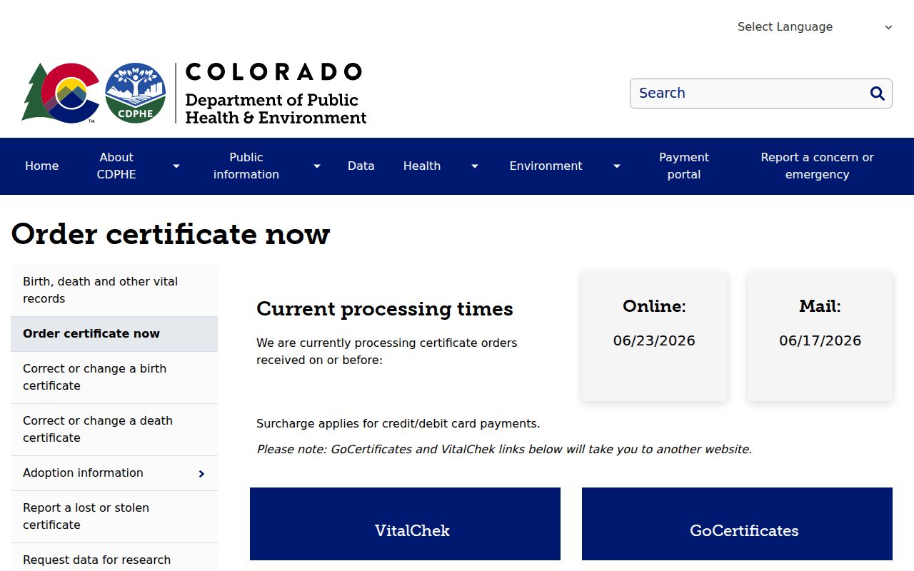 Rio Grande County marriage and divorce records CDPHE verification page
