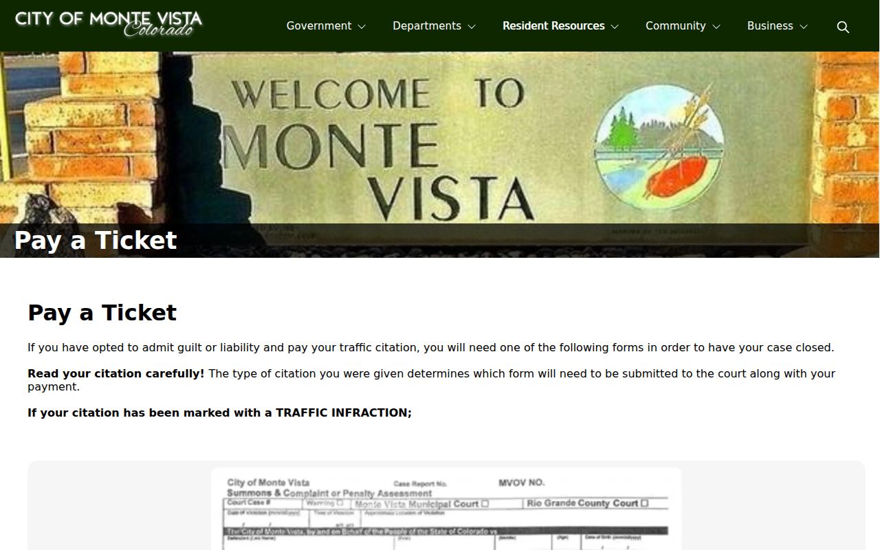 Rio Grande County traffic ticket payment through Monte Vista Municipal Court